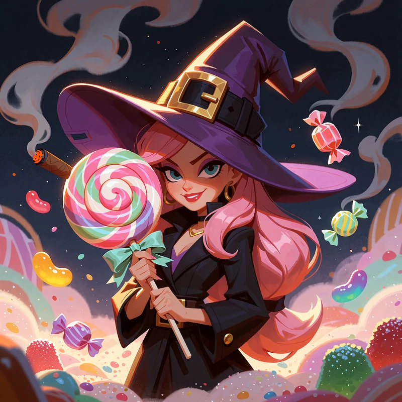 Grafika slotu Witch's Candy Quest Megaways: czarownica z r&oacute;żowymi włosami i wielkim lizakiem wśr&oacute;d cukierk&oacute;w