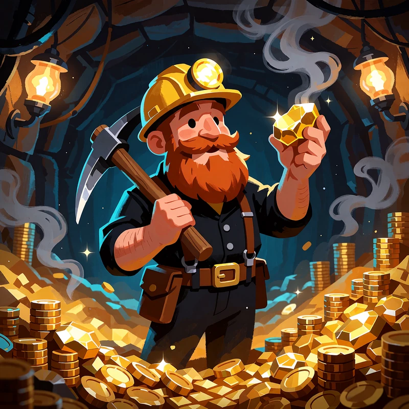Ilustracja slotu Bonanza Billion: wesoły g&oacute;rnik z kilofem i bryłką złota w kopalni pełnej monet w Roulettino Casino